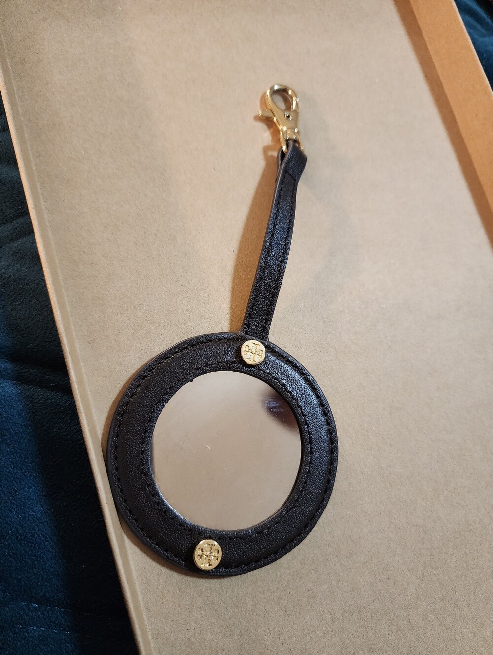 Tory Borch Brown Leather Mirror with Gold Hardware Clip